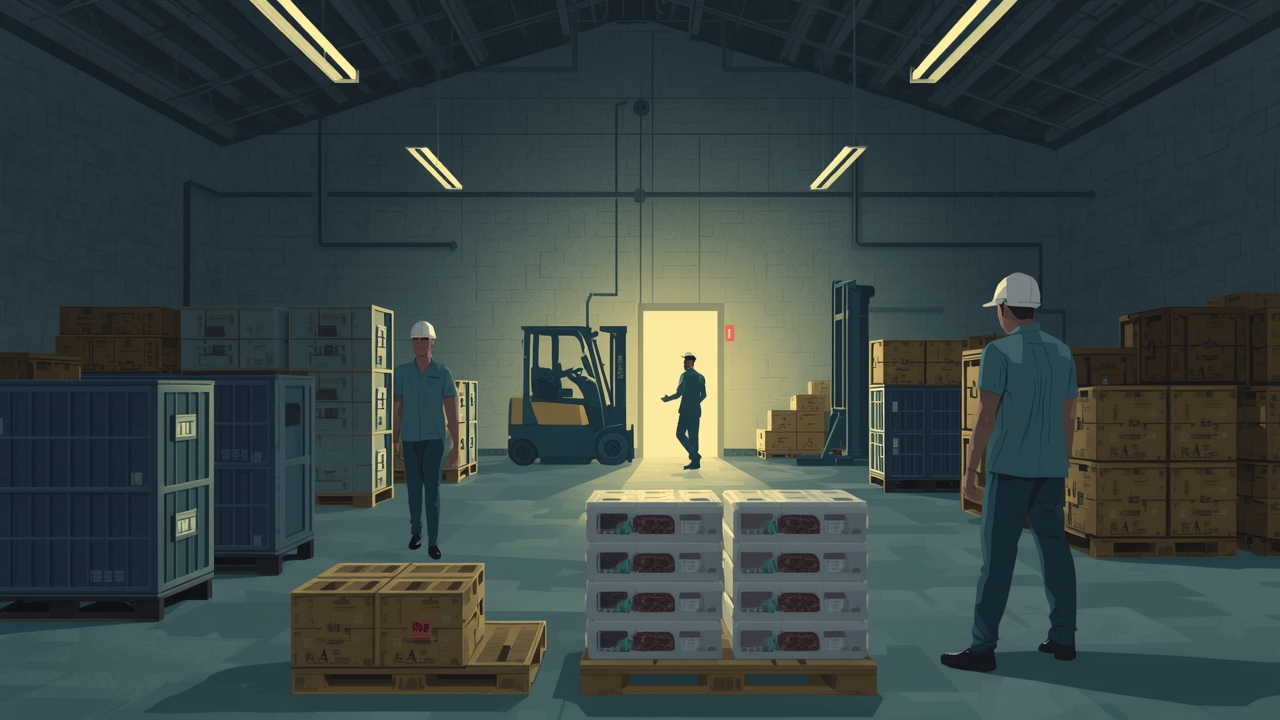 Inspectors examine recalled pork sausage products in a warehouse